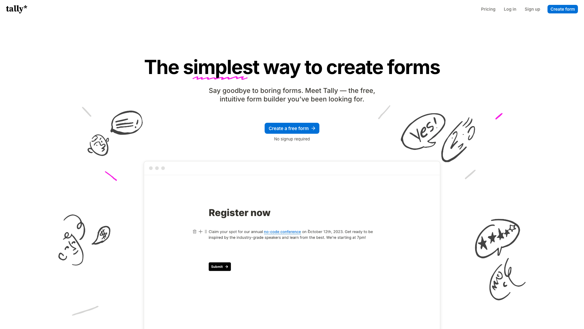 Screenshot of the Tally homepage