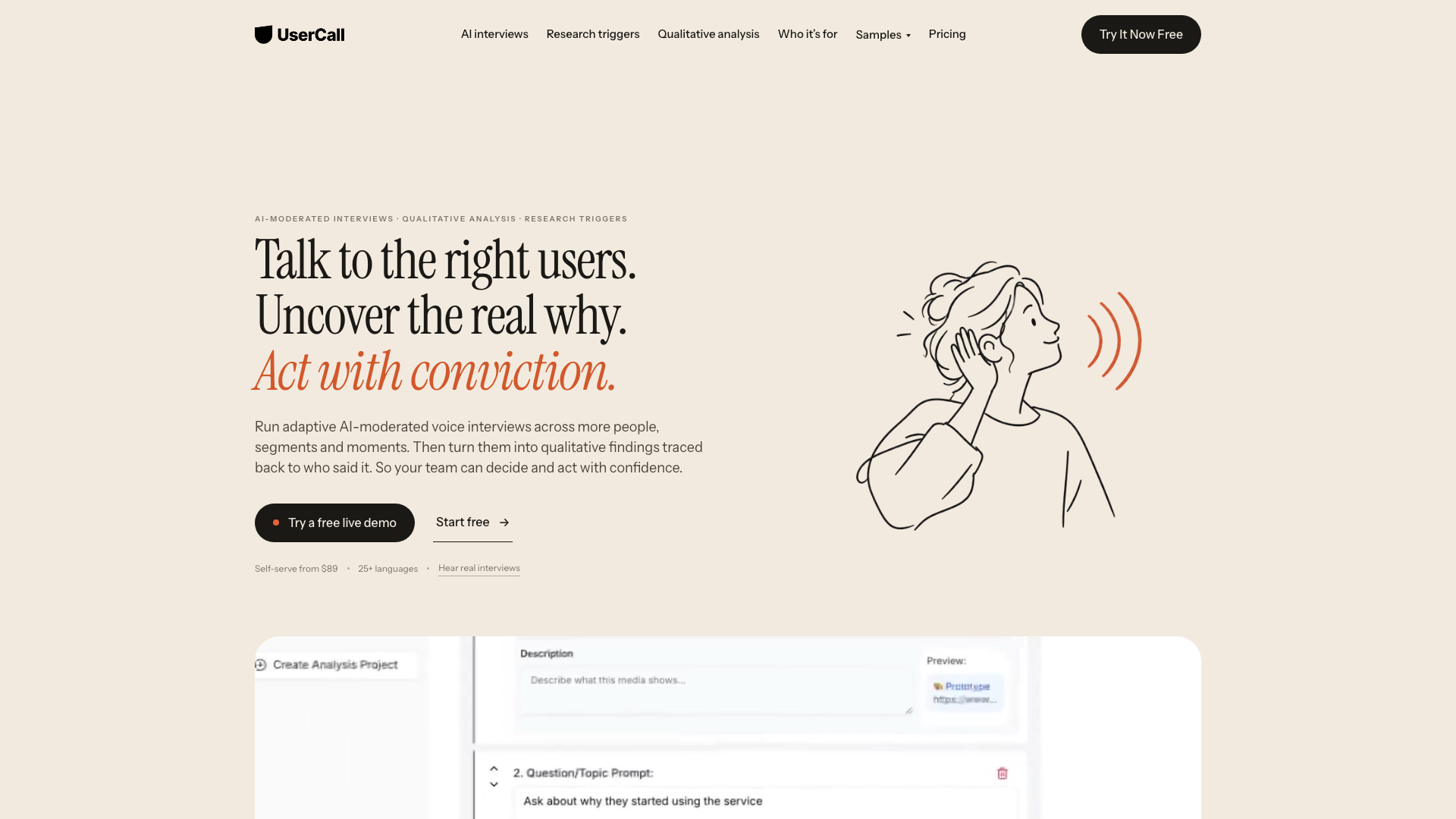 Screenshot of the UserCall homepage