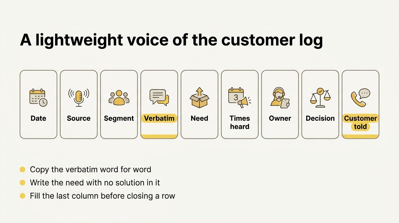 The nine columns of a lightweight voice of the customer log: date, source, segment, verbatim, need, times heard, owner, decision, customer told