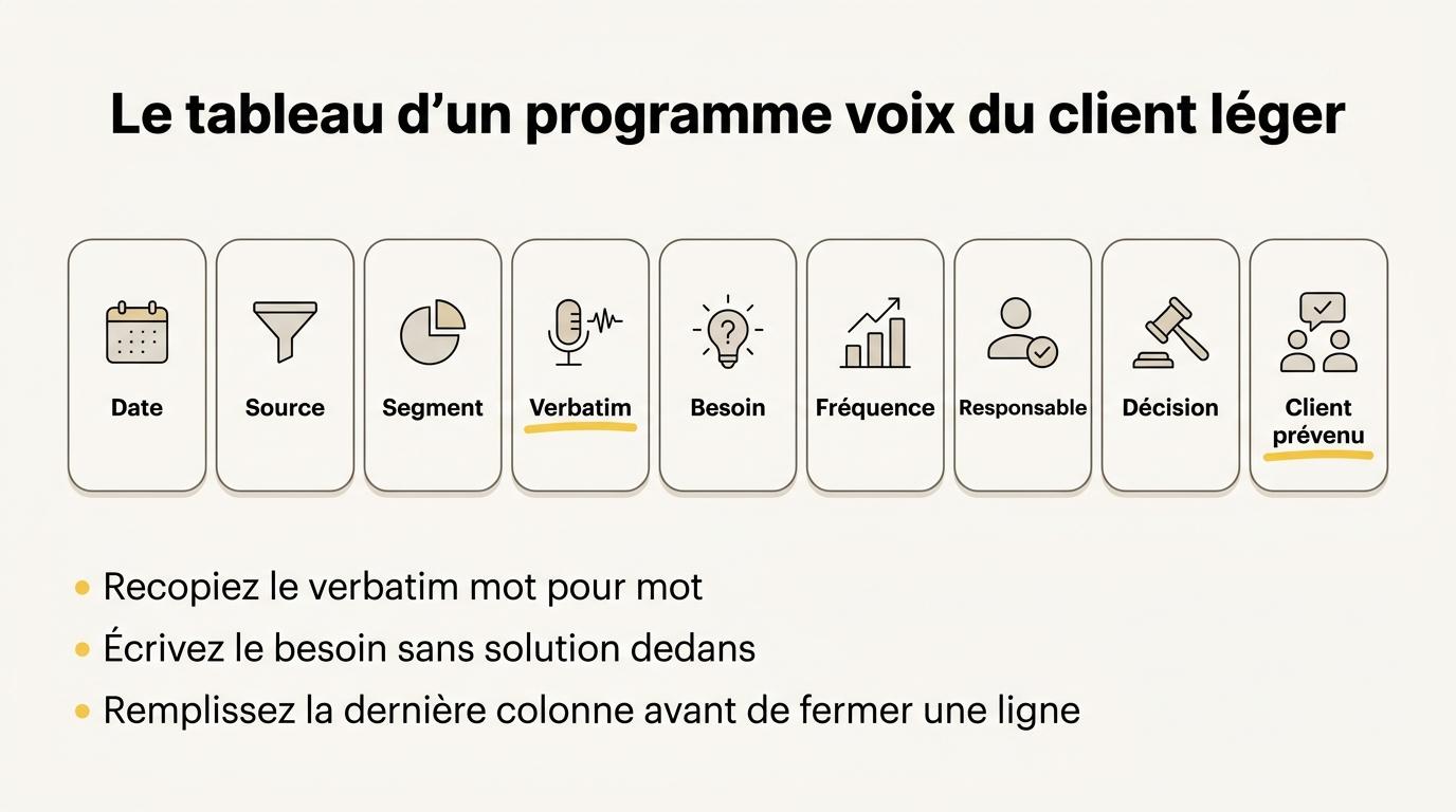 Les neuf colonnes du tableau d’un programme voix du client léger : date, source, segment, verbatim, besoin, fréquence, responsable, décision, client prévenu